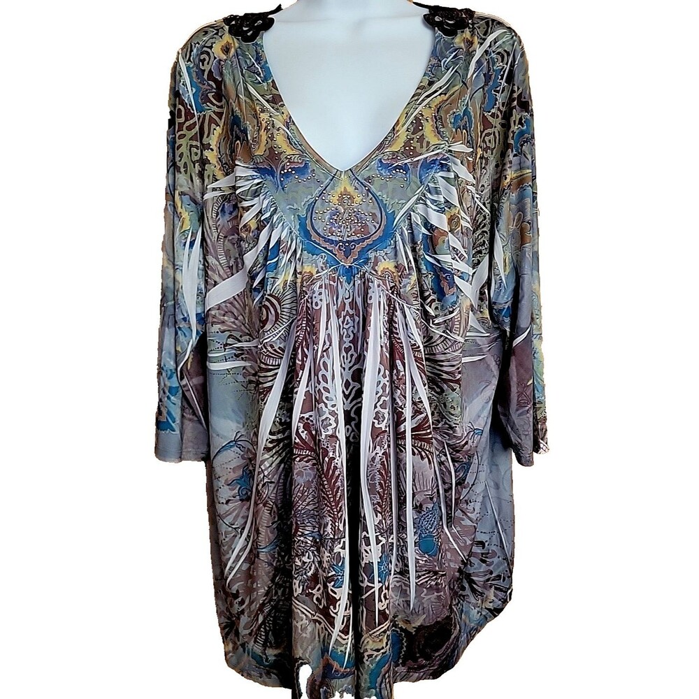 Unity World Wear Womens V-Neck Embroidered 3/4 Sleeve Blouse Plus 3X Knit Fall